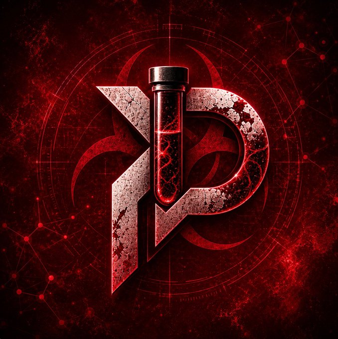 A dark red digital art piece featuring a metallic XP-style logo with a biohazard symbol in the background and a test tube filled with red liquid in the center.