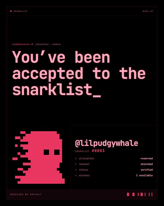 A digital poster with terminal-style text reading 'You've been accepted to the snarklist_' and showing '@Lilpudgywhale' as SNARKLIST #0003 with a pink pixelated ghost icon.