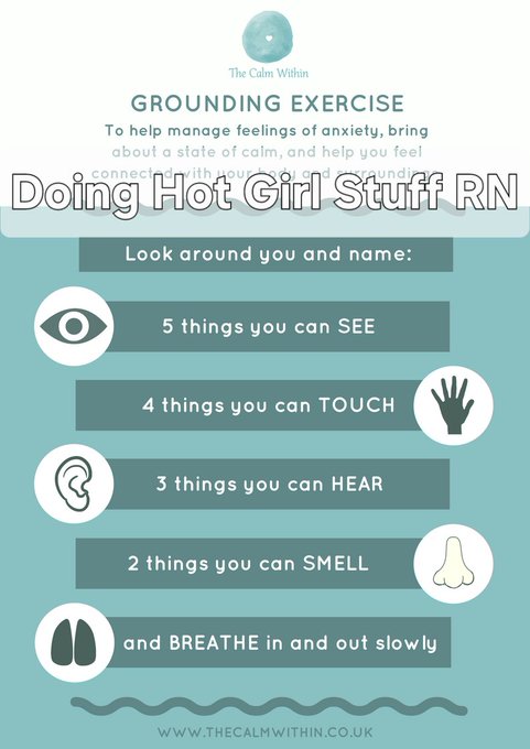 A grounding exercise infographic from The Calm Within, with humorous overlay text reading 'Doing Hot Girl Stuff RN', listing steps like naming 5 things you can SEE, 4 you can TOUCH, etc.