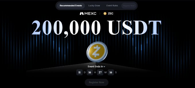 Promotional banner for a MEXC and ZEC crypto event offering a 200,000 USDT prize pool, with a countdown timer showing 16 days, 16 hours, and 27 minutes remaining.