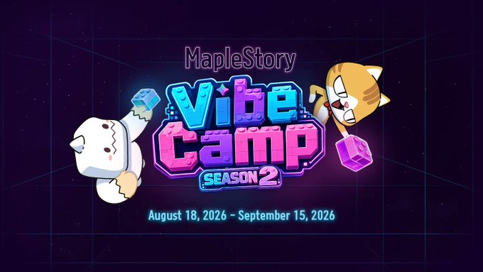 A promotional graphic for MapleStory Vibe Camp Season 2, running August 18, 2026 to September 15, 2026, featuring a cute cat-like character with a hammer and a diamond.