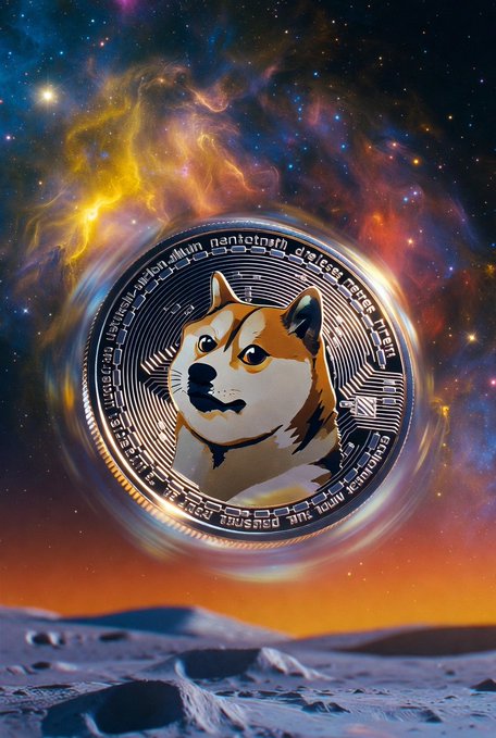 A sci-fi style digital artwork featuring a Shiba Inu dog face centered in a glowing circular portal with circuit-like text, set against a colorful nebula and lunar landscape background.
