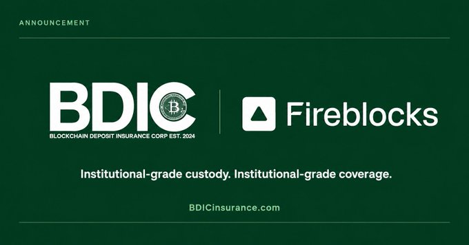 An announcement graphic for BDIC (Blockchain Deposit Insurance Corp., est. 2024) partnering with Fireblocks, promoting institutional-grade custody and coverage at BDICinsurance.com.