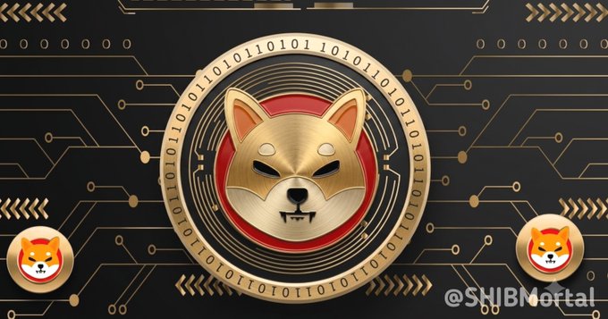 A stylized digital graphic featuring a golden Shiba Inu dog head in a red circle surrounded by binary code, circuit board patterns, and smaller Shiba icons on a black background, with the watermark "@SHIBNortal".
