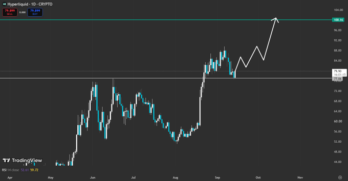 A TradingView chart showing the Hyperliquid (HYPE) cryptocurrency on a daily timeframe, displaying an upward white trend arrow pointing toward the $100.14 price level with an RSI of 92.61.