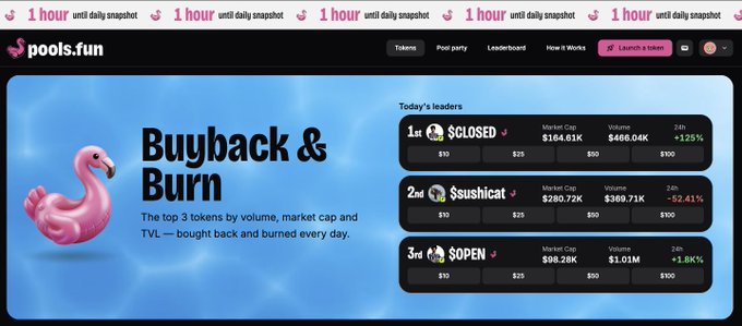 A screenshot of the pools.fun website featuring a 'Buyback & Burn' section with a pink flamingo floatie graphic, displaying a leaderboard with top tokens '$LOSED' ($164.61K market cap), '$sushicat' ($280.72K), and '$OPEN' ($88.28K).