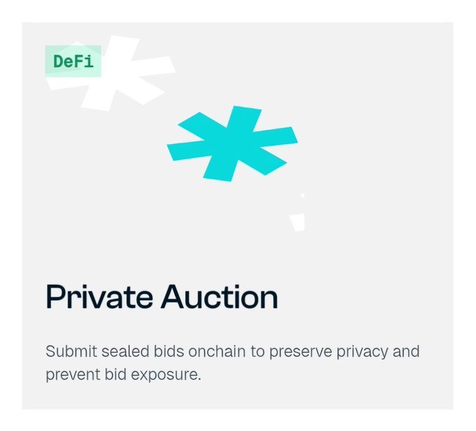 The image features a graphic with a teal asterisk and the text "DeFi Private Auction – Submit sealed bids onchain to preserve privacy and prevent bid exposure," visually reinforcing the post's point about Fhenix's sealed-bid auction approach that prevents the transparency issues and sniping/front-running that plague traditional onchain auctions.