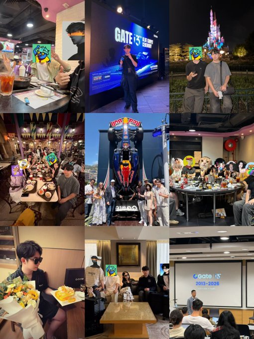 A collage of event photos showing attendees at a Gate.io gathering, including a presentation with 'GATE' and '15' branding, a Disney castle backdrop, group photos around dining tables, a large gorilla statue with a Tesla car, and a 'Gate.io 2013-2026' anniversary sign-off.