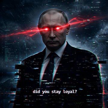 The image depicts a dark, digital-style portrait of Putin with glowing red laser eyes against a glitchy background, with the text "did you stay loyal?" at the bottom. It relates to the post about XRP and world peace by presenting Putin as a powerful, almost menacing figure—suggesting his role in geopolitical negotiations that could shape a new financial era tied to XRP adoption.