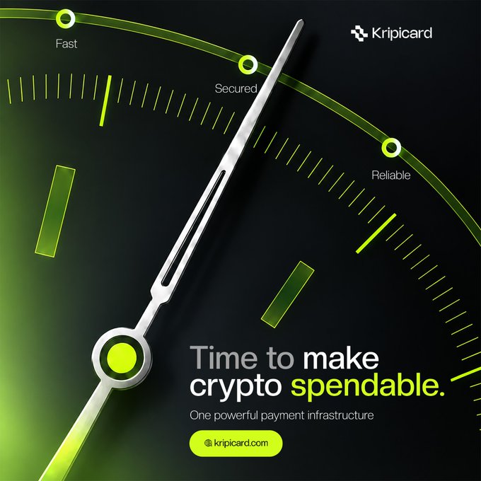 A Kripicard promotional image showing a speedometer-style graphic with markings for 'Fast', 'Secured', and 'Reliable', alongside the text 'Time to make crypto spendable. One powerful payment infrastructure' and the URL kripicard.com.