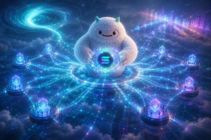 A fluffy, cloud-like creature with small teal horns cradles a glowing Solana (SOL) logo orb, surrounded by interconnected crystalline nodes and swirling energy streams against a cosmic backdrop. The image visually reinforces the post's theme of decentralized blockchain infrastructure, with the network of glowing nodes symbolizing Solana's distributed architecture and the central figure representing the protocol's role in connecting the ecosystem beyond traditional block-and-leader models.