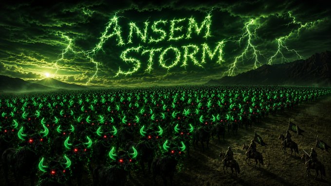 A dark, ominous army of horned creatures with glowing green eyes and red pupils assembles beneath a stormy green sky, with the bold text "ANSEM STORM" formed by lightning above them. The apocalyptic scene visualizes the post's rallying cry for fans to "join the pack" and embrace the $ANSEM meme culture takeover.