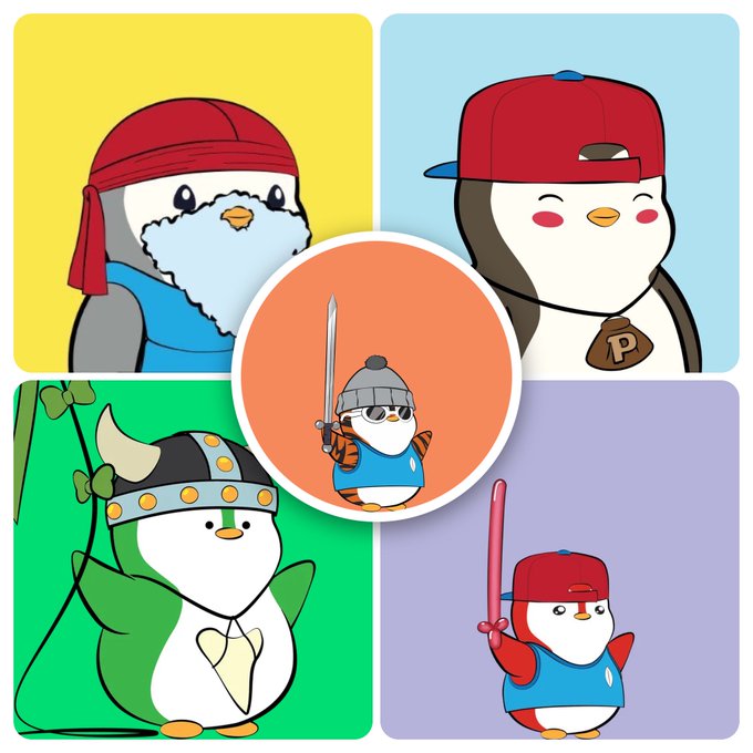 Four cartoon penguin characters in different costumes are displayed in colored panels, with a central circular panel showing a penguin warrior holding a sword.