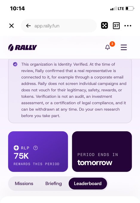 A mobile screenshot from app.rally.fun showing the RALLY platform with an Identity Verified notice, displaying '75K Rewards This Period' for RLP and indicating the period ends 'tomorrow' on the Leaderboard tab.