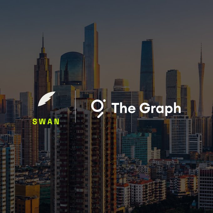 The image features the SWAN and "The Graph" logos overlaid on a city skyline at dusk, visually branding the post's announcement of SWAN's integration with The Graph's Substreams technology to power real-time onchain vault data on the Robinhood Chain.