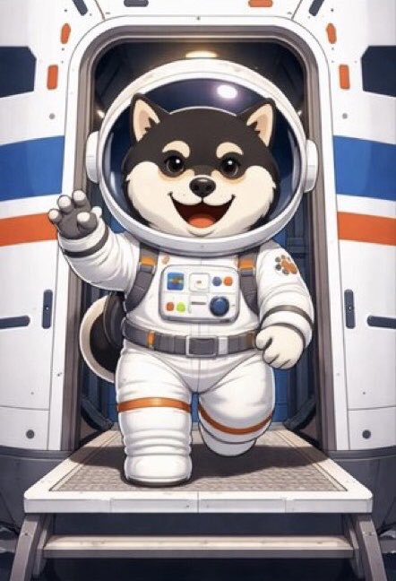 A cartoon illustration of a smiling Shiba Inu dog wearing an astronaut suit, stepping out of a spaceship hatch with one paw raised in greeting.