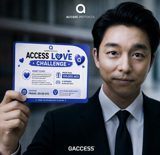 A man in a dark suit holds up a blue 'ACCESS PROTOCOL' 'ACCESS LOVE CHALLENGE' card featuring details about a 100,000 ACS prize pool and a Friday, 00:00 UTC deadline.