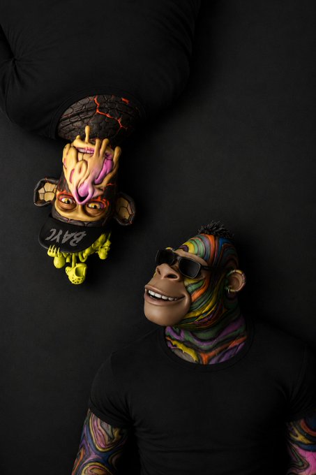 Two figures lie against a black background: a Bored Ape Yacht Club character wearing a black shirt reading "BAYC" alongside a character with vibrant multicolored swirled skin and black sunglasses, representing the collaboration between @BoredApeYC and @GeezOnApe as highlighted in the post celebrating iconic NFT projects and their dedicated builder communities.
