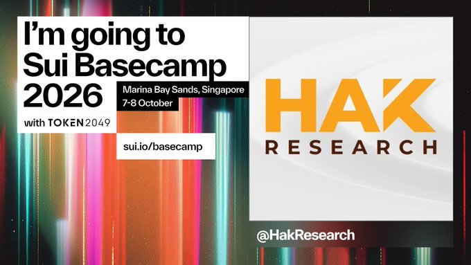 A promotional graphic reads 'I'm going to Sui Basecamp 2026, Marina Bay Sands, Singapore, 7-8 October, with TOKEN2049, sui.io/basecamp' alongside the 'HAK RESEARCH' logo and '@HakResearch'.
