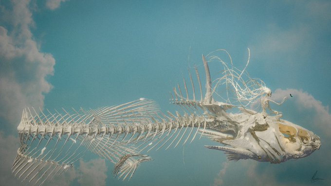 A fish skeleton with detailed bones and flowing fin rays displayed against a blue sky with white clouds, showcasing intricate skeletal anatomy.