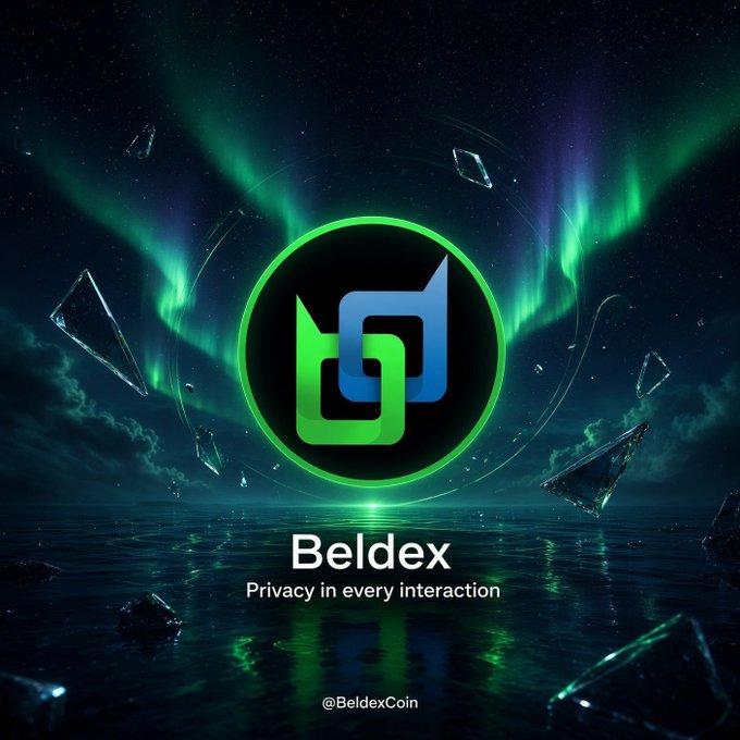 A vibrant promotional graphic for "Beldex" displaying its green and blue logo over a glowing ocean scene with aurora borealis and floating glass shards, featuring the tagline "Privacy in every interaction" and the handle "@BeldexCoin."