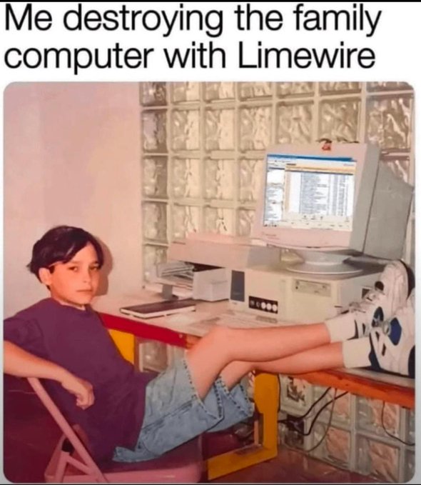 A young boy lounges with his feet propped up on an old desktop computer, looking mischievous, with text above reading "Me destroying the family computer with Limewire." The image humorously ties to the post by evoking the notorious chaos Limewire caused on family PCs, contrasted with the claim that the Windoge98 OS canister is "Limewire resistant."