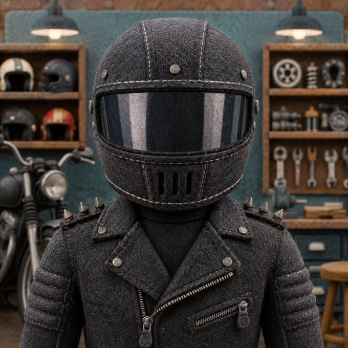 A figure in a black leather jacket with spiked shoulders and a full-face motorcycle helmet stands in front of a workshop background displaying other helmets and tools.