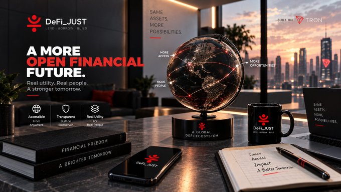 Promotional graphic for 'DeFi_JUST' built on TRON, featuring the tagline 'A MORE OPEN FINANCIAL FUTURE' and slogans like 'LEND • BORROW • BUILD' and 'FINANCIAL FREEDOM', displayed on a desk with a globe, mug, and books.