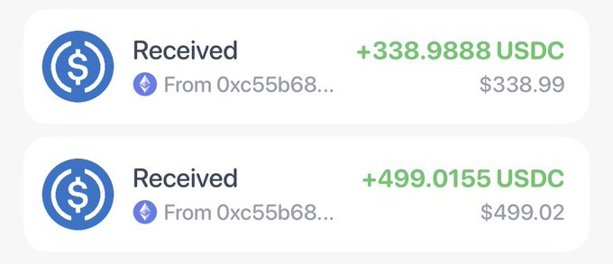 A screenshot of two USDC cryptocurrency transactions received from address 0xc55b68..., showing amounts of +338.9888 USDC ($338.99) and +499.0155 USDC ($499.02).