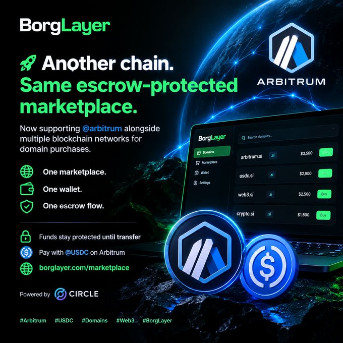 BorgLayer promotional graphic reading 'Another chain. Same escrow-protected marketplace.' highlighting support for Arbitrum, USDC payments, and domain purchases like arbitrum.si and web3.si.