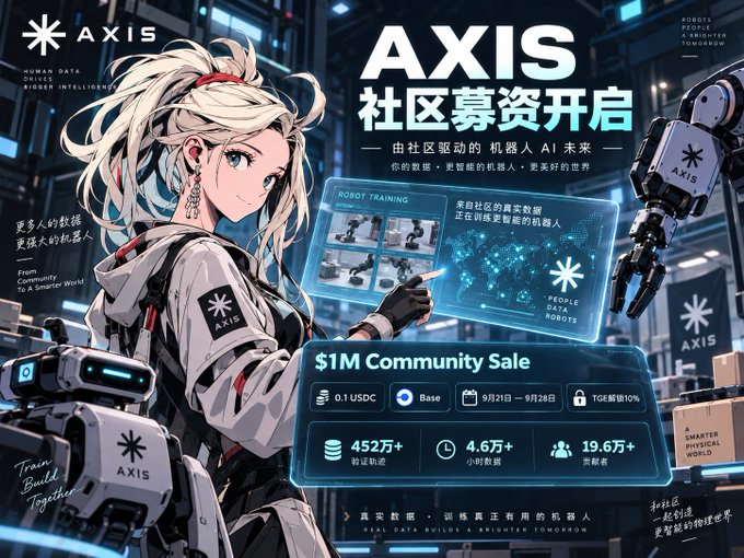 The image showcases AXIS's $1M Community Sale promotional graphic featuring an anime-style character with robots, highlighting key metrics (4.52M+ validated trajectories, 4.6M+ hours of data, 19.6M+ contributors) and a 10% TGE unlock, celebrating the project's milestone alongside its recently closed $12M seed round led by Hack VC.