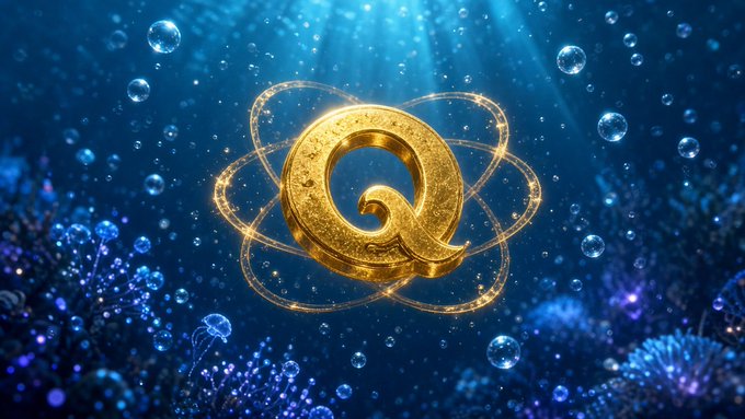 A stylized golden letter 'Q' surrounded by glowing orbital rings, floating in a mystical underwater scene with blue bioluminescent bubbles and coral reef background.
