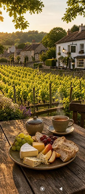A scenic view of a vineyard and quaint village houses at sunset, with a wooden table in the foreground displaying a charcuterie board of cheese, fruits, bread, and a cup of coffee or tea.