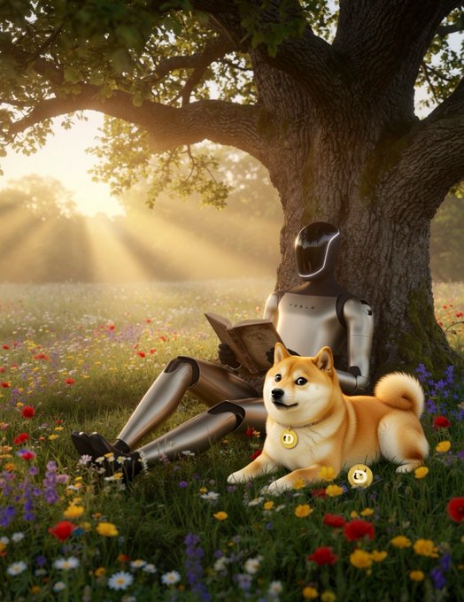 The image features a robot dog sitting under a tree with its head resting on the ground, while a human sits next to it. The scene takes place in a field of flowers, creating a peaceful atmosphere. The caption for this image reads "Happy Friday Frens $DOGE Touch Grass."