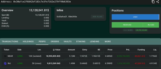 A cryptocurrency portfolio dashboard displays an address with an overview value of 13,128,041.81$, showing positions in USDC, NEAR-USD, and INJ-USD.