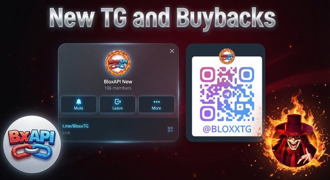The image promotes a new Telegram group and token buybacks for $BLOXX, displaying the "BloxAPI New" Telegram preview with a t.me/BloxTG link, alongside a QR code labeled @BLOXXTG, the BxAPI logo, and a flaming red character avatar. It visually supports the post's message about $9,271 in $BLOXX buybacks over the last 90 days and encourages joining the new community channel for further updates.