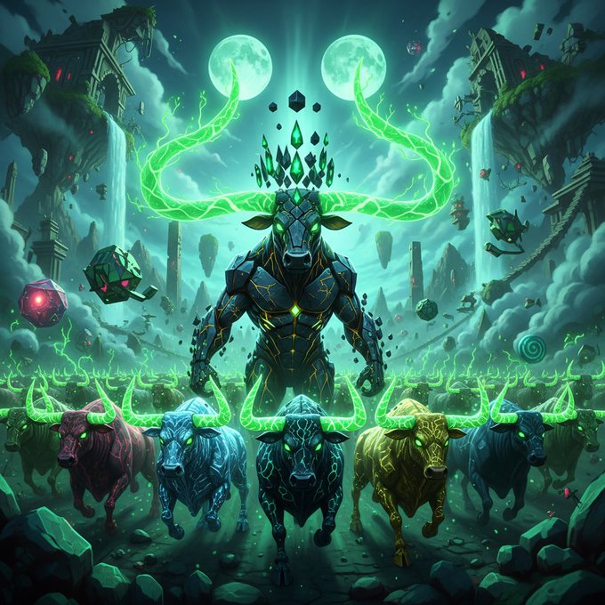 A fantasy digital artwork depicting a dark armored stag-like creature with glowing green antlers standing before a herd of similarly glowing bulls, with twin moons in the background.