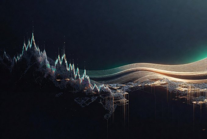 An abstract digital artwork featuring flowing wave-like patterns with light particles in gold, teal, and white colors against a dark background.