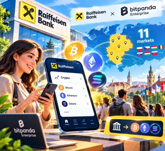 A promotional graphic showing a partnership between Raiffeisen Bank and bitpanda Enterprise, featuring a woman holding a phone displaying the Raiffeisen Crypto app with Bitcoin, Ethereum, and Solana options across 11 markets in Europe.