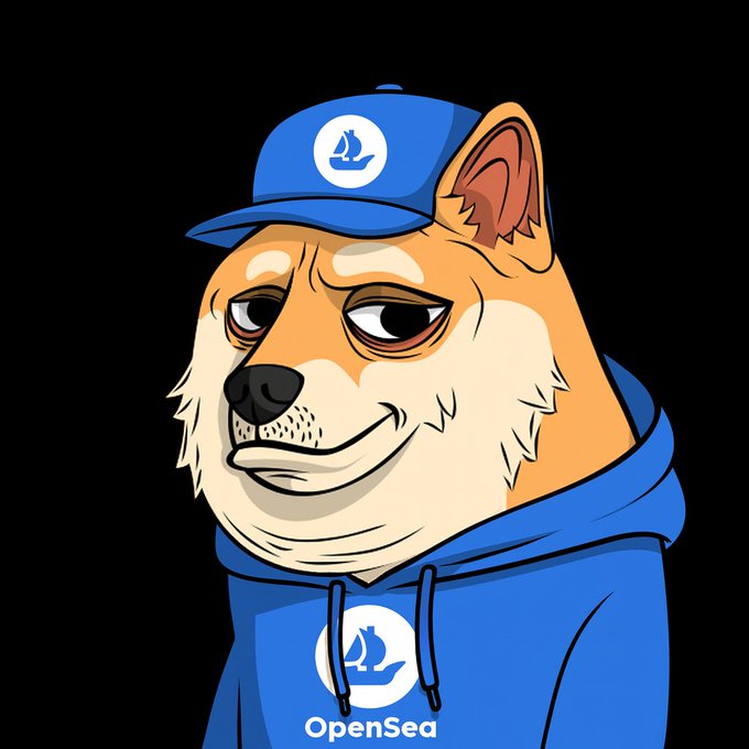 A cartoon illustration of a Shiba Inu dog wearing a blue baseball cap and blue hoodie, both featuring the OpenSea logo, set against a black background.