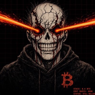 The image features a cracked skull wearing a black hoodie with a Bitcoin logo, emitting orange laser beams from its eyes, with text in the corner displaying "STACK: 0.4 BTC", "COST BASIS: $69K", and "STATUS: STILL BULLISH", creating a stark contrast between a "liquidated" appearance and a bullish market stance.