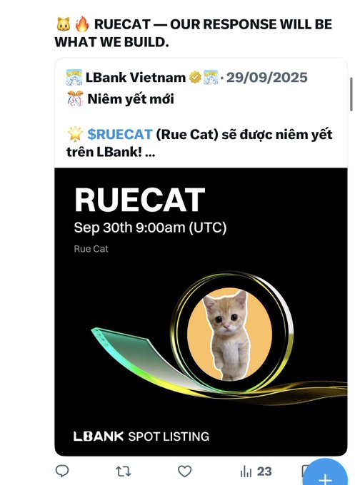 A social media announcement that '$RUECAT' will be listed on LBank Vietnam on Sep 30th 9:00am (UTC), featuring an image of an orange and white kitten.