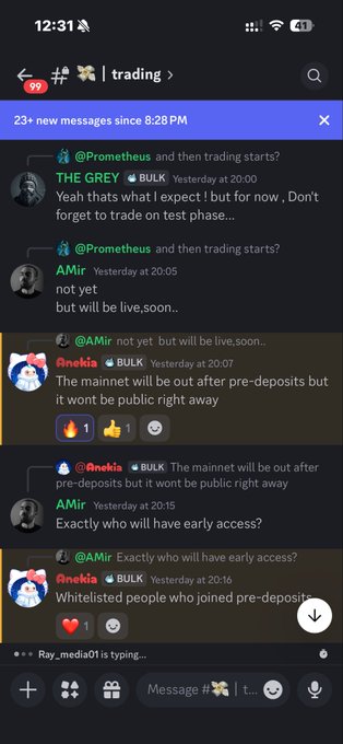 A Telegram mobile chat screenshot in the 'trading' group showing a conversation between Prometheus, AMir, and Anekia about test phase trading, mainnet launch, and whitelist early access.