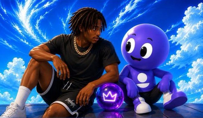 An artistic illustration of a young man with dreadlocks in athletic wear sitting next to a purple cartoon mascot (resembling Purple from Palworld), with a glowing purple orb bearing a crown logo between them.