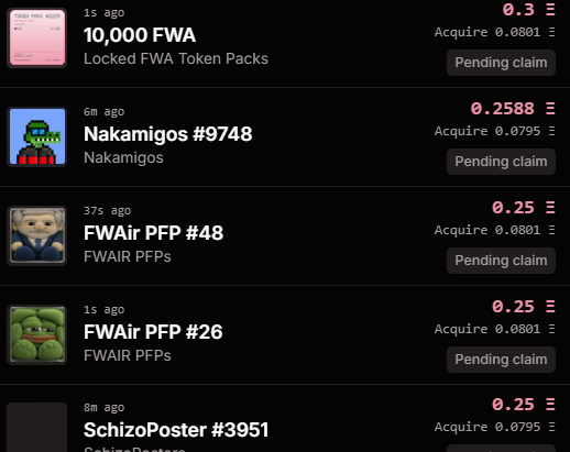 The image shows a pending claims list on what appears to be an NFT platform, displaying items like "10,000 FWA Locked FWA Token Packs," "Nakamigos #9748," and two "FWAIR PFPs (#48 and #26)" — corresponding to the FWAIR PFPs the user mentioned have been pulled from the collection.
