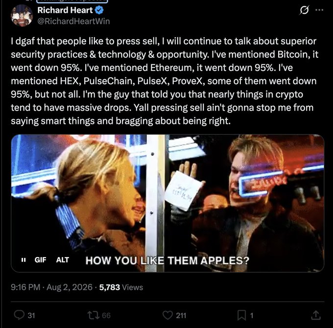 A screenshot of a tweet from Richard Heart (@RichardHeartWin) bragging about predicting crypto drops, attached with a 'How you like them apples?' GIF, dated Aug 2, 2026.