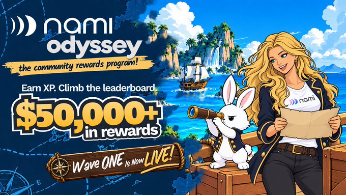Promotional graphic for 'Nami Odyssey, the community rewards program!' offering 'Earn XP. Climb the leaderboard. $50,000+ in rewards', noting 'Wave ONE is Now LIVE!'.