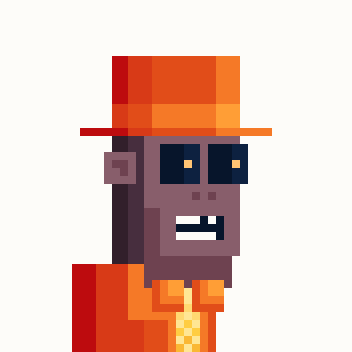 Pixel art character wearing an orange hat and outfit with a smiling expression showing teeth.