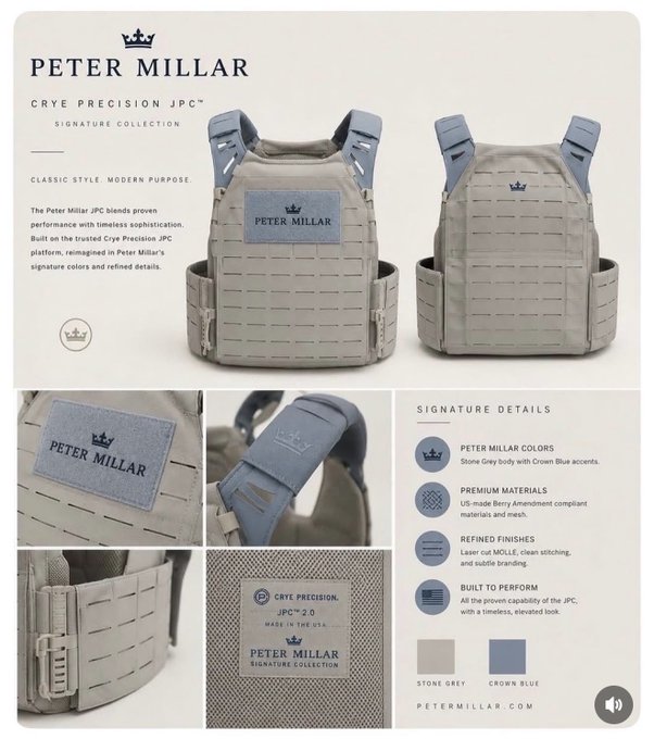 A product advertisement for the 'PETER MILLAR CRYE PRECISION JPC' tactical vest in Stone Grey with Crown Blue accents, highlighting signature details, premium materials, and refined finishes.