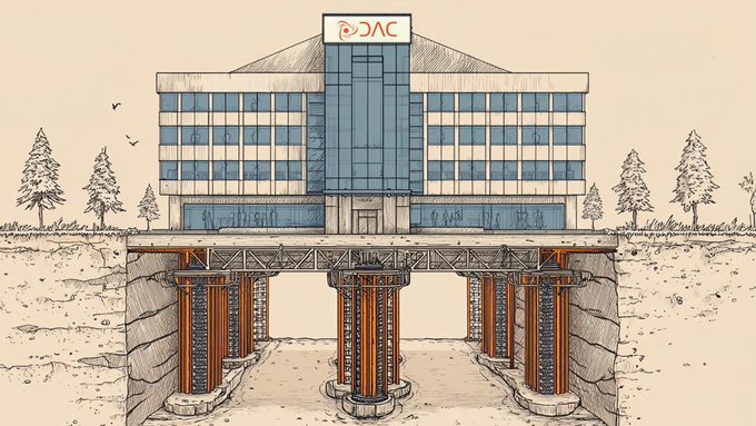 The image features a large building under construction, with a bridge spanning over it. The building has a facade of glass and steel, giving it an industrial appearance. The bridge is supported by concrete pillars that are part of the structure itself. The scene takes place in a city setting, as indicated by the presence of trees and other buildings in the background.